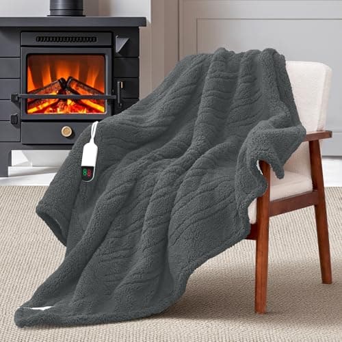 MAXEVE Heated Blanket Electric Throw 50"x60" Soft Double Sided Sherpa Heating Blanket with 8 Fast Heating Levels & 1-8H Auto-Off, Over-Heat Protection, Machine Washable, ETL Certification, Grey