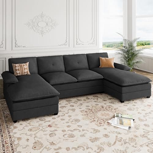Shintenchi 110" Sectional Sofa Couch, U-Shaped Modular Couches Sleeper with Thick Cushion & Soft Backrest, 4 Seat Sofa Couch with Double Chaise for Living Room,Black
