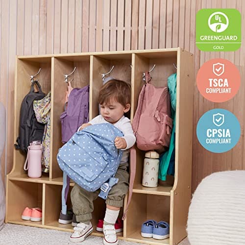 ECR4Kids Streamline 4-Section Toddler Coat Locker with Bench, Classroom Furniture, Natural 5