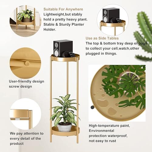 Philodwell Metal Gold Tall Plant Stand Indoor or Outdoor - 30 inch 2 Tier Modern Corner Planter Shelf Rack with 2 Removable Display Shelves(10 inch) for Bedroom Living Room Balcony 5