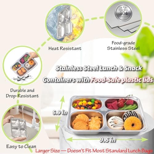 Stainless Steel Snack Containers with Lids - 3 Pack - Large 4-Compartments Bento Snack Boxes - Meal Prep Lunch Containers for Kids Adults - Divided Food Storage Container for School Home Travel 2
