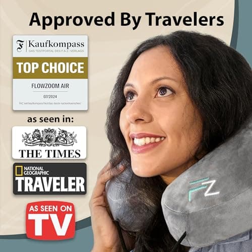 FLOWZOOM Air Inflatable Neck Pillow for Traveling on Plane - H-Shape Hooded Travel Pillow with 5 Snooze Modes, Fast Inflation, Pressure Control, Cozy Clip-On Hood & Plushy Cover - Size L, Silver Gray 8