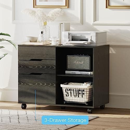 Sweetcrispy 3-Drawer File Cabinet, Lateral Mobile Filing Cabinet Wood Storage Organizer with Wheels, Printer Stand & Open Shelves for Home Office Under Desk Organization - Modern Black 6