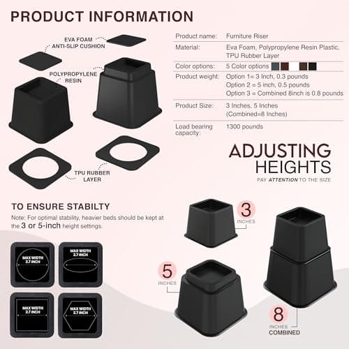 Utopia Bedding Bed Riser, 3 & 5 Inches Adjustable Furniture Risers for 8 Inch Combined Furniture Lift, Under Bed Storage & Dorm Room Essential, Supports Up to 1,300 lbs (4 Set, Black) 5