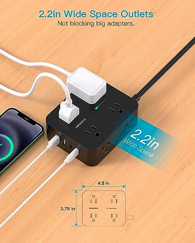 Power Strip Surge Protector, HANYCONY 5Ft Ultra Thin Flat Extension Cord with Multiple Outlets, 8 Widely Outlet Extender 4 USB Ports(2 USB C), 1080J Wall Mount for College Dorm Room Essentials Black 5