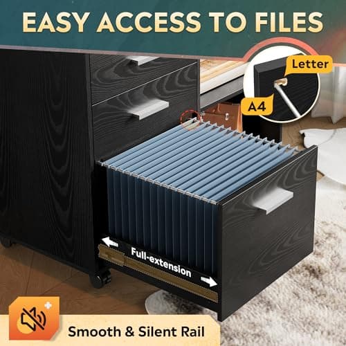 DEVAISE 3 Drawer Mobile File Cabinet, Wood Lateral Filing Cabinet, Printer Stand with Open Shelves for Home Office, Black 5