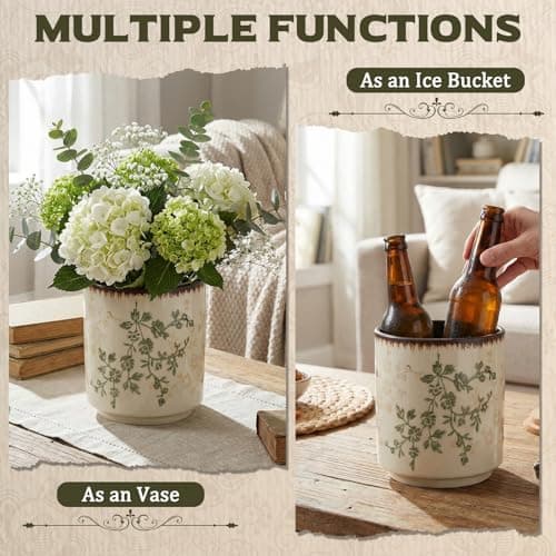 Teecyhooo Kitchen Ceramic Utensil Holder Rustic 5.5" Green Floral Utensil Crock for Countertop Tuscany Cooking Tools Storage Caddy for Spatula Spoon Farmhouse Decor Housewarming Gift 7