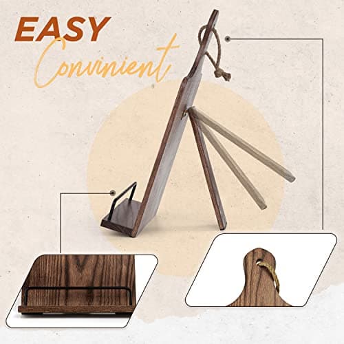 FANATU Cookbook Stand, Rustic Wood Cookbook Holder Cutting Board Style, Adjustable Recipe Ipad Tablet Book Holder and Stand for Kitchen with Anti-Slip Kickstand (Dark Brown) 5