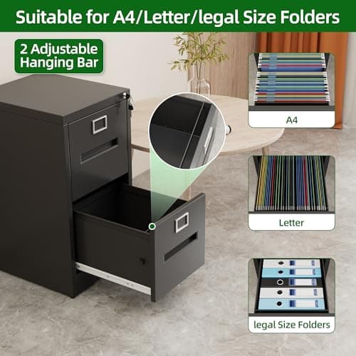 GangMei 2 Drawer Metal Vertical File Cabinet with Lock, Narrow Filing Cabinet with Hanging Letter/Legal/A4 Folders for Home, Office, Assembly Required, Black, 2 Drawers 5