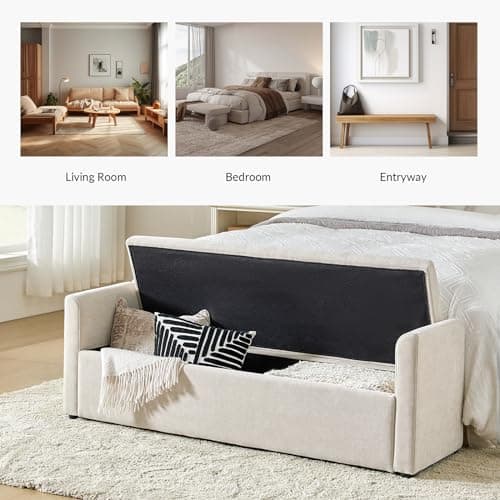 HULALA HOME Modern Storage Bench with Throw Pillows, 59.4" Extra Long Bedroom Ottoman Bench for End of Bed, Comfy Upholstered Footstool for Entryway Living Room Dining Room, Linen 5