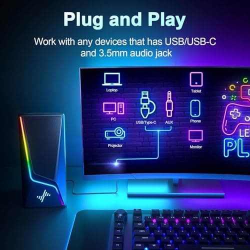 Nylavee Computer Speakers with Subwoofer, 2.1 Hi-Fi PC Speakers System with 6 Lighting Modes, Enhanced Bass, Plug and Play, USB/USB-C Powered and 3.5mm Aux in for Desktop, Monitor, Laptop, Tablet 5
