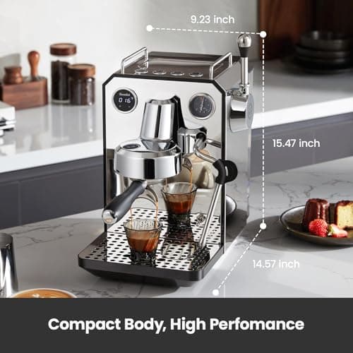 Gemilai Owl Espresso Machine, 15 Bar Professional Semi-Automatic Espresso Maker with Milk Frother Steam Wand & 57oz Removable Water Tank, Dual Display, for Cappuccino, Latte, G3006, Stainless Steel 6