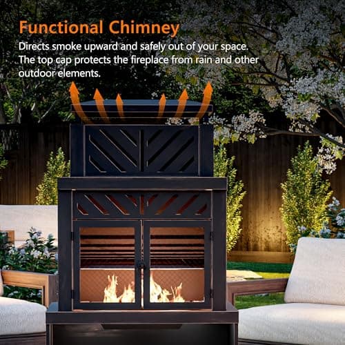 Outdoor Fireplace with Chimney and Wood Storage, Metal Wood Burning Fire Pit with Heat Resistant Gloves, Fire Poker and Grill Mesh, Outside Fireplace for Patio, Garden and Deck, Black 5