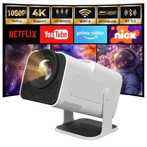 HY320 Mini Projector, Native 1080P Full HD 4K Support Outdoor Portable Projector, Built-in Streaming Apps, WiFi and Bluetooth, Auto Keystone Projector Compatible with iOS/Android