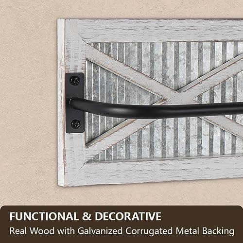 Butizone Bathroom Towel Rack, Rustic Towel Rack Wall Mounted, Small Farmhouse Bath Towel Storage Rack with Weathered Wood and Corrugated Galvanized Metal, for Hanging Towels and Hand Towels, White 3