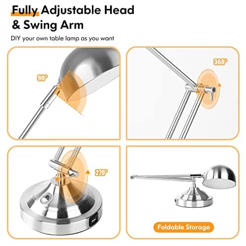 Touch Control LED Desk Lamp with USB Charging Port, Architect Brushed Nickle Lamp with Adjustable Swing Arm, Dimmable Silver Desk Lamp for Home Office Reading Study, 3000K/4000K/5000K 3 Color Modes 6