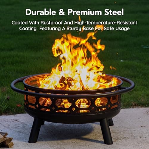 Florise 36 Inch Fire Pit, Outdoor Wood Burning Firepit with Removable Grill & Poker, Heavy Duty Metal Round Fireplace,2 in 1 Large Bonfire for Outside,BBQ,Yard,Patio 7