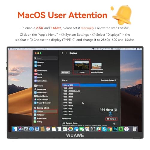 WUAWE Portable Monitor 16" 16:10 IPS Travel Monitor for Laptop, 100% sRGB Control USB-C HDMI,HDR Freesync Display, Plug&Play for Phone PS5 Switch (2.5K|144HZ, Black, 16inch) 9