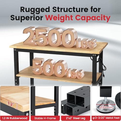 ENJOYWOOD 48 Inch Work Table for Garage Adjustable Height Rubber Wood Tabletop Workbench with Storage Work Bench Table with Power Outlets Pegboard Pad for Woodworking Shop Home Office 5