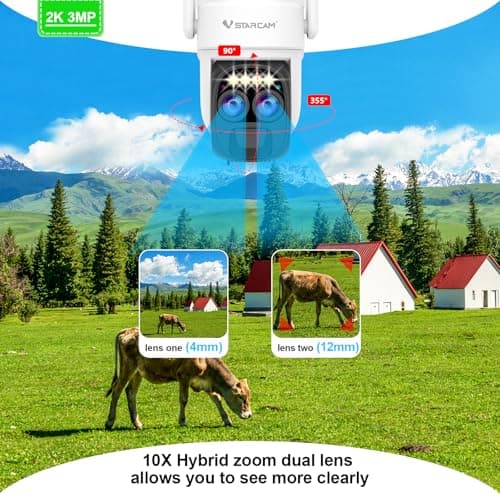 VSTARCAM Solar Camera Outdoor Wireless No Subscription, Dual Cameras, 2K UHD with 10× Zoom, 100% Wire-Free with Battery Powered, 360° Panoramic View, PIR Motion Detection, Siren, 2-Way Audio,IP66 2