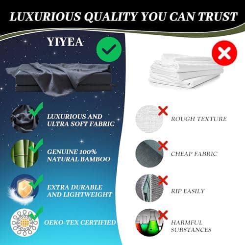 YIYEA 100% Viscose Derived from Bamboo Fitted Sheet with Pillow Cases for Hot Sleepers, 400TC Jacquard Cooling Fitted Bottom Sheet, 16" Deep Pocket, Silky Soft and Breathable, King, Black 7