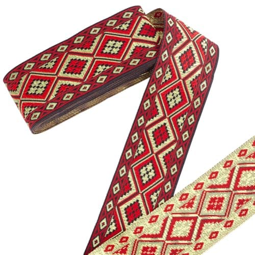 PH PandaHall 7.66 Yards Boho Jacquard Ribbon, 2 Inch/5cm Rhombus Embroidered Woven Trim Ethnic Style Polyester Ribbons Fabric Trim Fringe for Sewing, Handmade Bag, Clothing Decoration
