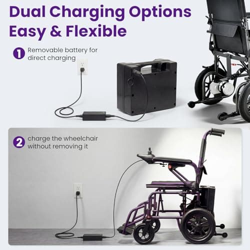 Electric Wheelchairs for Adults，Lightweight Foldable Wheelchair 15 Miles Long Travel Range, 360° Joystick Control Motorized Wheelchair, Support 286 lbs with LED Light Power Wheelchair (Purple) 9