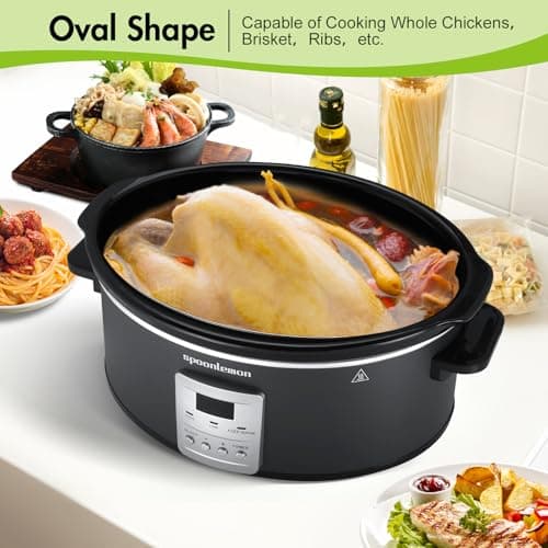 spoonlemon 7 QT Slow Cooker, 280W Electric Crock Cooker with Digital 20H Timer & 3-Level Heat Settings, Oval Ceramic Inner Pot for Family Dinners, programmable slow cooker black 6