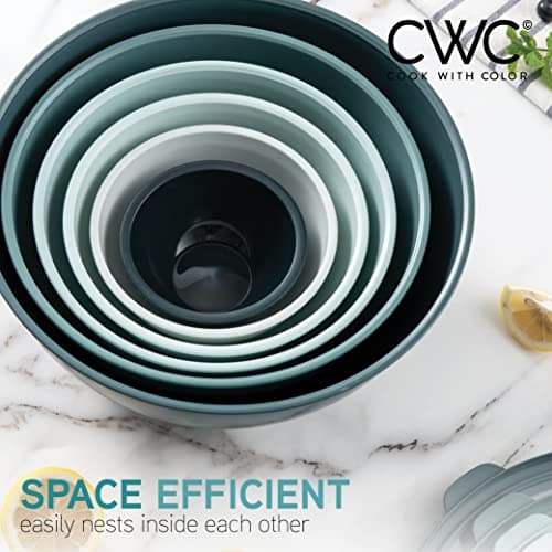 COOK WITH COLOR Mixing Bowls with TPR Lids - 12 Piece Plastic Nesting Bowls Set includes 6 Prep Bowls and 6 Lids, Microwave Safe Mixing Bowl Set (Teal) 7