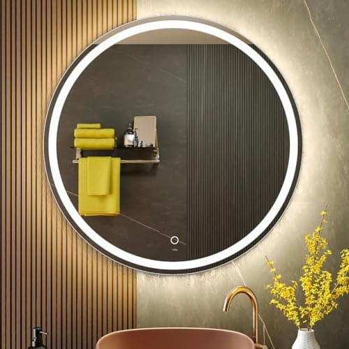KWW 32 Inch Large Modern LED Round Bathroom Vanity Mirror, Color Temperature Adjustable, Anti-Fog Dimmable Lights, Easy to Install, Wall Mounted Makeup Mirror with Smart Touch Button