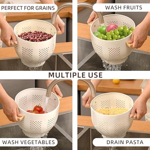 Metal Colander with Wood Handle and Stable Base, 5.5 Quart Powder Coated Steel Kitchen Strainer Basket for Draining Pasta, Vegetable and fruit,Cream 6