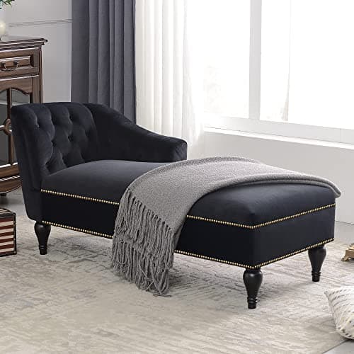 Bellemave 58'' Velvet Chaise Lounge, Button Tufted Right Arm Facing Lounge Chair with Nailhead Trim & Solid Wood Legs, Mid-Century Modern Sleeper Sofa Chair for Living Room, Bedroom, Office (Black)