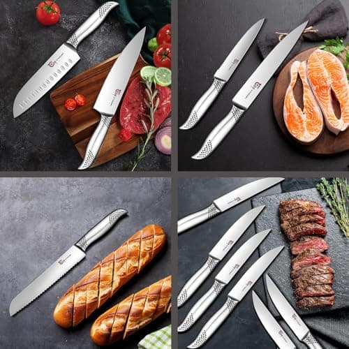 SYOKAMI Japanese Knives Set for Kitchen, Magnetic Knife Set with Block and Sharpener, Stainless Steel Knife Set as Gift for Couple, Wedding, Women or Mom with Gift Box, 14 PCS Black Dot 8