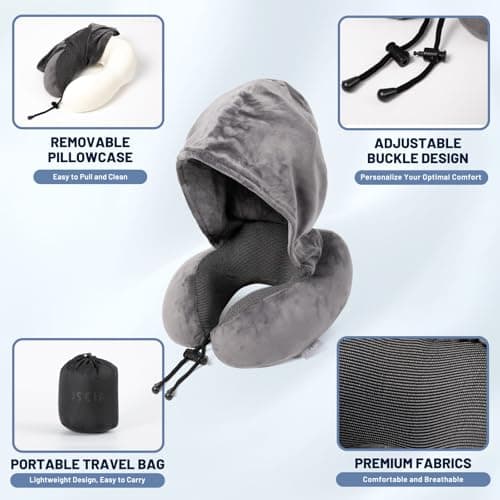 JSELF Travel Pillow with Hood, Neck Pillow for Airplane, Hooded Neck Pillow for Travel, Long Flight, Car, Plane, Office, Sleeping, 100% Pure Memory Foam Head Chin Support Airplane Pillow - Gray 5