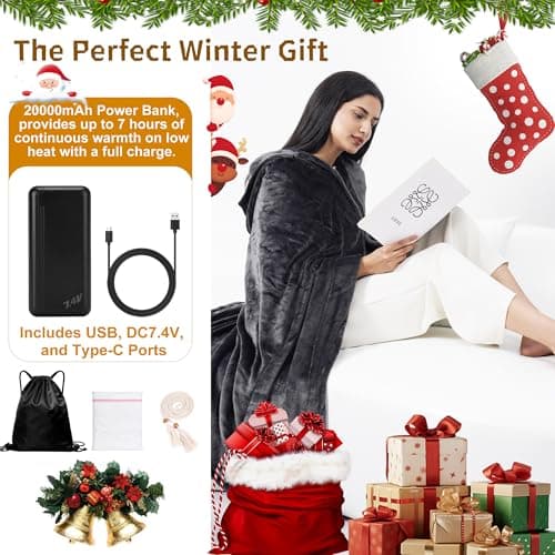 Safeeze Large Portable Heated Blanket 71" × 43", Includes 2 Portable 20000mAh 7.4V Power Banks, 11 Heating Zones, 3 Heat Settings, 1–6H Timer, Machine Washable, with Laundry Bag, Waist Belt & Backpack 5