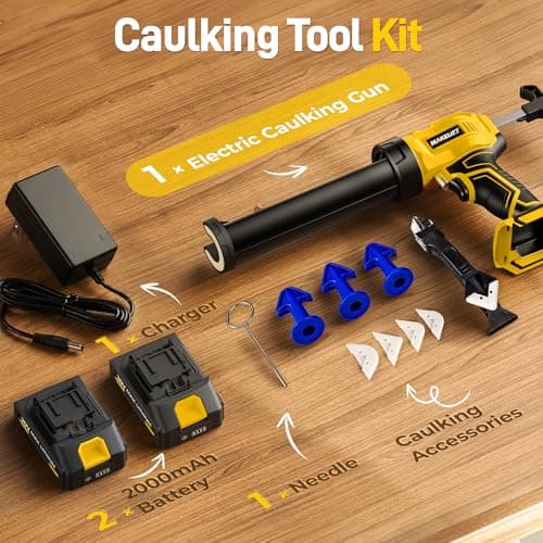 MAKELIFT Electric Caulking Gun, 10oz Caulk Gun with 2x2000mAh Batteries, Cordless Caulking Gun, 4 Adjustable Speeds, LED Light, Auto Retraction, 9 Pcs Silicone Caulking Tools for Filling and Sealing 9