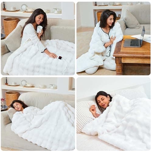 AEPINBH Heated Blanket Throw with 6 Fast Heating Levels,4 Hours Auto-Off,50x60 Cozy Faux Rabbit Fur Bubble Washable Electric Blanket with Overheating Protection,ETL Certification（Cream） 7