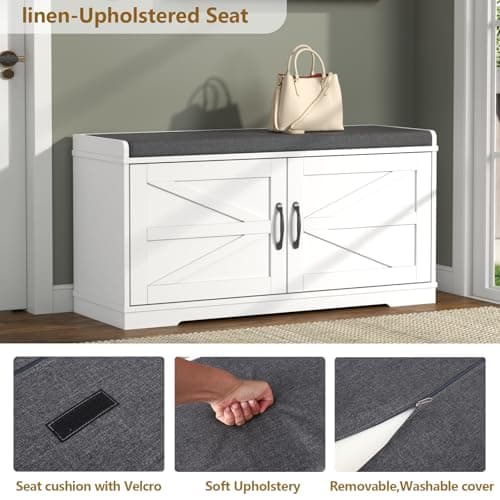 Loomie Shoe Storage Bench, 2-Tier Farmhouse Entryway Bench with Padded Seat Cushion, 13.78" D x 39.37" W x 19.69" H, Slim Shoe Cabinet Bench for Entryway, Living Room, Bedroom (White) 5