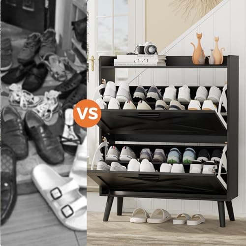 Homleke 32" W Farmhouse Shoe Storage Cabinet with 2 Flip Drawers and Barn Door Design, Adjustable Shelves, Modern Hidden Slim Narrow Shoe Rack Cabinet for Entryway, Foyer, Hallway, Living Room, Black 8