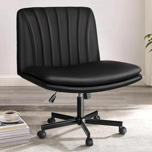 PUKAMI Criss Cross Chair with Wheels,PU Leather Armless Cross Legged Office Vanity Desk Chair for Home Office,Modern Swivel Height Adjustable Wide Seat(Black)
