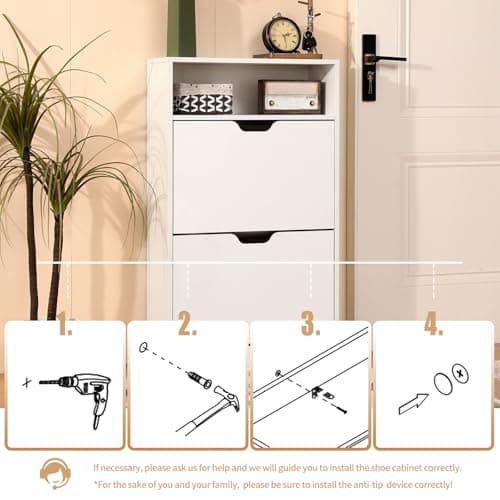 KUMIUNION Shoe Storage Cabinet with 2 Flip Drawers, Slim Freestanding Storage Racks for Entryway, Hallway, Hidden Narrow Shoe Organizers Perfect for Heels, Boots, Slippers, White 5