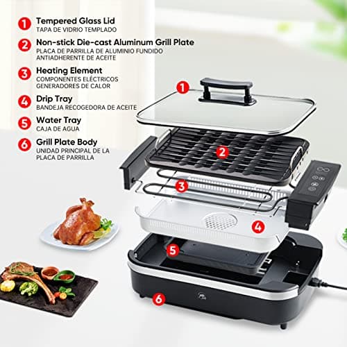 X&E Smokeless Indoor Grill, 1500W Non-Stick Removable Grill Rack & Pan, Adjustable Temperature up to 450°F, Fast Heat Up, Dishwasher Safe, Ideal for Steaks, Burgers, Fish & Veggies, Serves 5 People 5