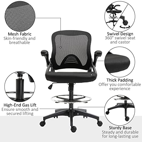 Vinsetto Mesh Drafting Chair, Tall Office Chair with Lumbar Support, Flip-Up Armrests, Footrest Ring and Adjustable Seat Height, Black 7