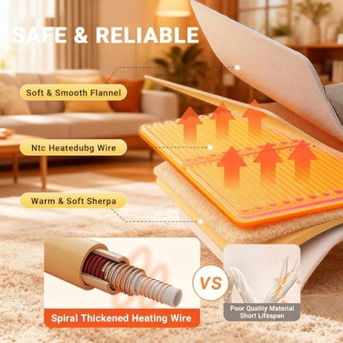 DANENOSA Electric Heated Blanket Queen Size 84''x90'' Soft Flannel & Sherpa Electric Blanket with 10 Heating Levels, Automatically Shut Down After 8h with Overheat Protection Machine Washable 7