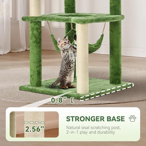 TSCOMON 61" Cat Tree for with Green Leaves, Multi-Level Large Cat Tower with Hammock, Plush Cat House with Hang Ball Toy and Sisal Scratching Posts Furniture, Green 5