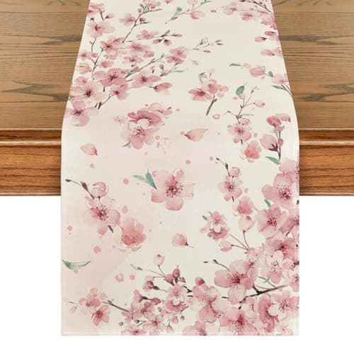 Artoid Mode Floral Cherry Blossoms Branches Summer Table Runner, Seasonal Spring Kitchen Dining Table Decoration for Home Party Decor 13x72 Inch