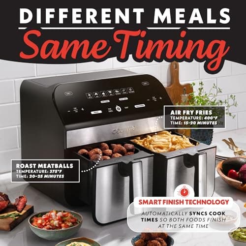 Gourmia Dual Basket Air Fryer - 10 Qt Large Capacity, FryForce360º, Digital Display with 7 Presets, Roast, Bake, Broil, Dehydrate, Match Cook, Sync Finish, Dishwasher Safe Accessories, Black 7