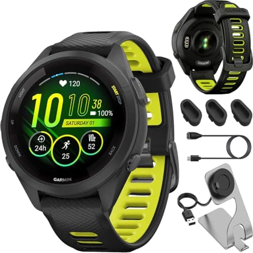 Garmin 010-02810-03 Forerunner 265S GPS Smartwatch Black/Amp Yellow Bundle with Deco Essentials Charging Dock, Silicone Dust Cover 3 Pack and USB Type C Charging Cable