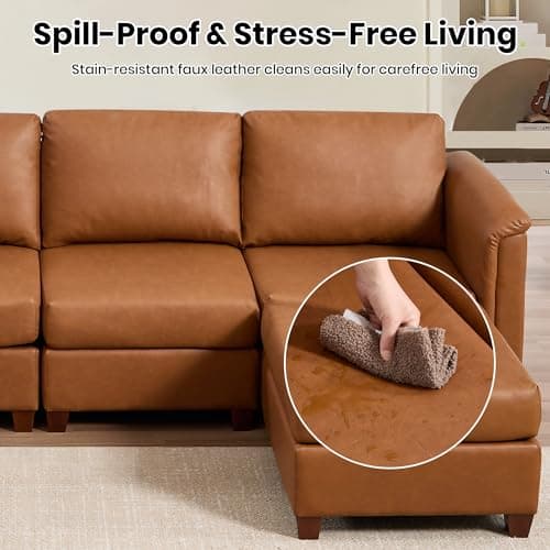 VIKAYAMICS 115" Modular Sectional Sofa with Storage, Faux Leather Sectional Couch Comfy Cloud Couches with Movable Ottoman for Living Room Bedroom Apartment (Brown, Sofa-9 Seat) 7