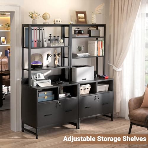 Homieasy File Cabinet with Charging Station, Vertical Filing Cabinet with Lock & Large Drawer, Printer Stand with Storage Shelves, Office Storage Cabinet fits Letter/A4/Legal Size, Black 5